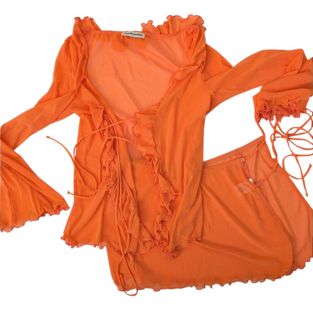 Dippin Daisy's Swimwear Mesh Cover-up XS Tie Front Top & Mini Skirt Orange
